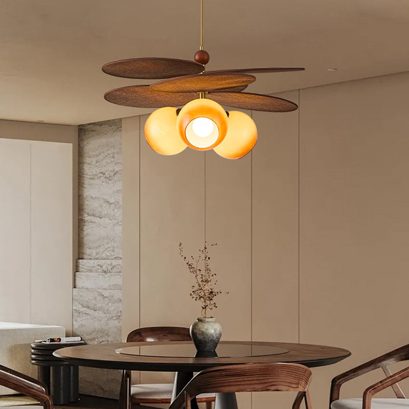 Traditional French Ash Wood Iron Glass Rattan Weaving Bud-Shaped 3-Light Pendant Light For Living Room &amp; Dining Room