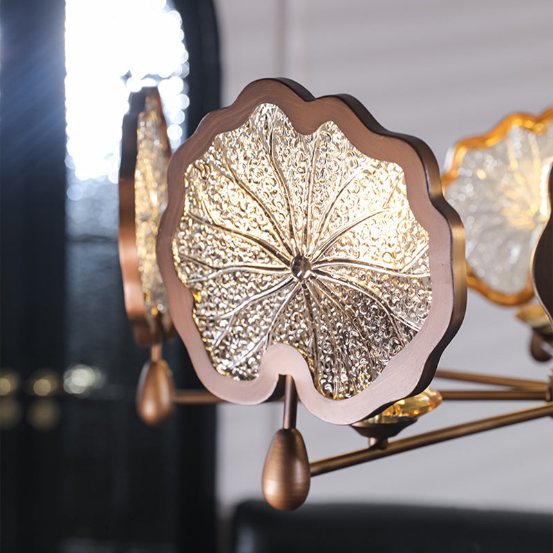 Traditional Rustic Iron Crystal Glass Lotus Leaf-Shaped 6/8-Light Chandelier For Living Room