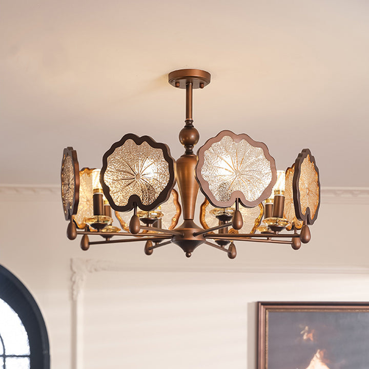 Traditional Rustic Iron Crystal Glass Lotus Leaf-Shaped 6/8-Light Chandelier For Living Room