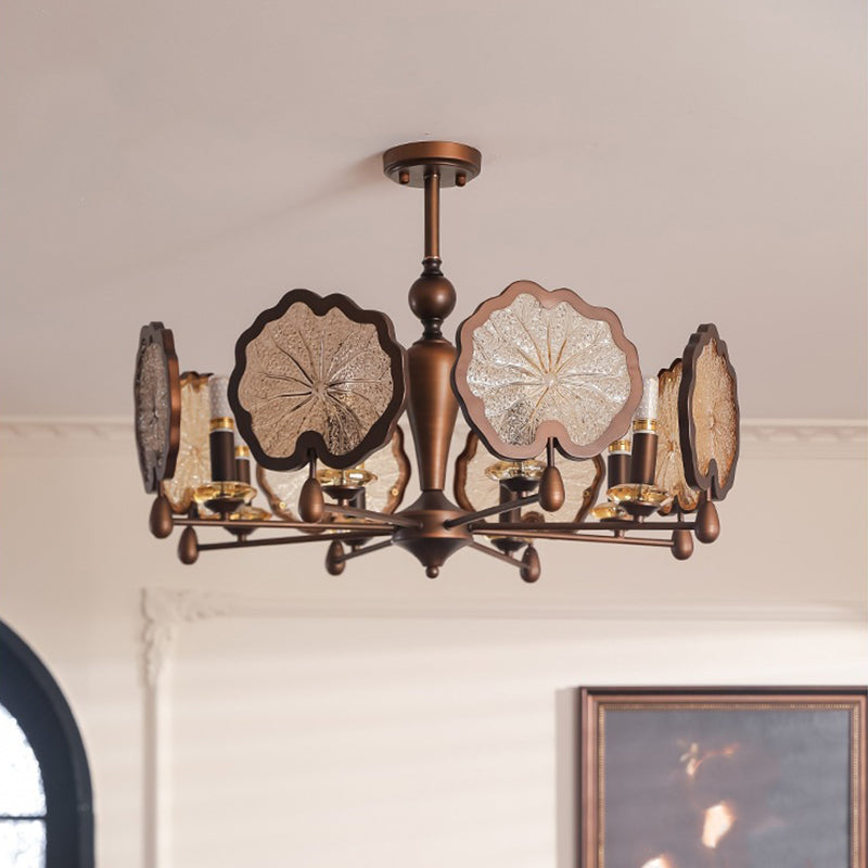 Traditional Rustic Iron Crystal Glass Lotus Leaf-Shaped 6/8-Light Chandelier For Living Room