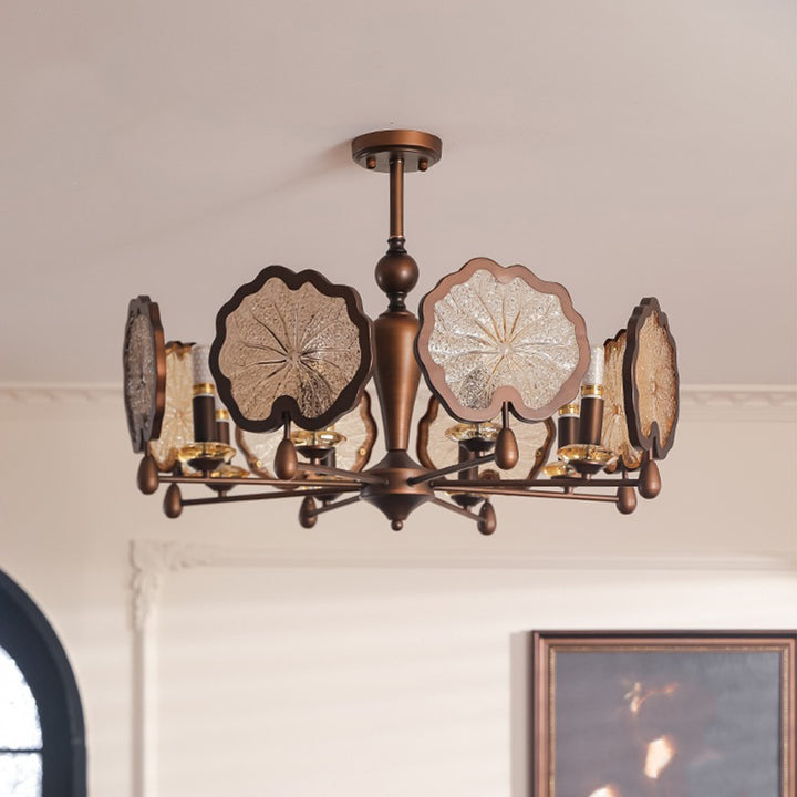 Traditional Rustic Iron Crystal Glass Lotus Leaf-Shaped 6/8-Light Chandelier For Living Room