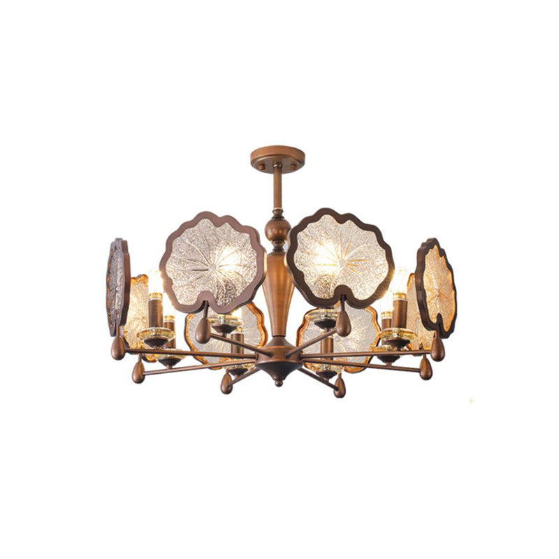 Traditional Rustic Iron Crystal Glass Lotus Leaf-Shaped 6/8-Light Chandelier For Living Room