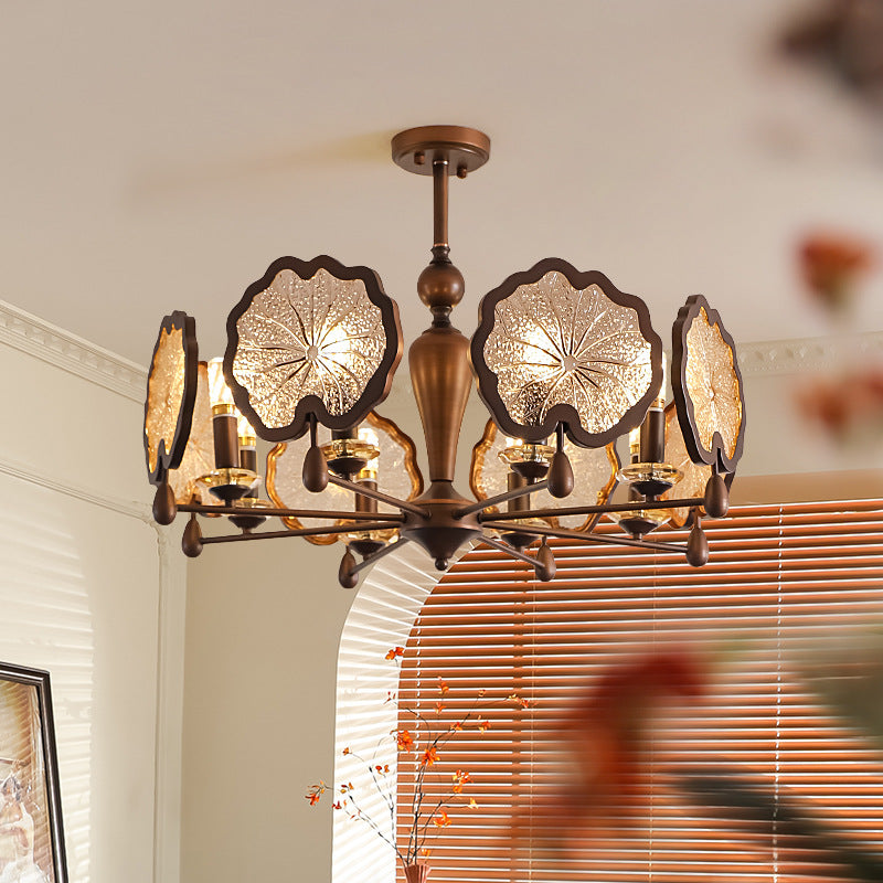 Traditional Rustic Iron Crystal Glass Lotus Leaf-Shaped 6/8-Light Chandelier For Living Room