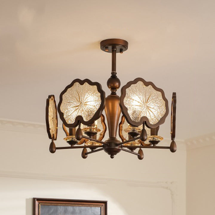 Traditioneller rustikaler Kronleuchter aus Eisen, Kristall und Glas in Lotusblatt-Form mit 6/8 Flammen fürs Wohnzimmer 