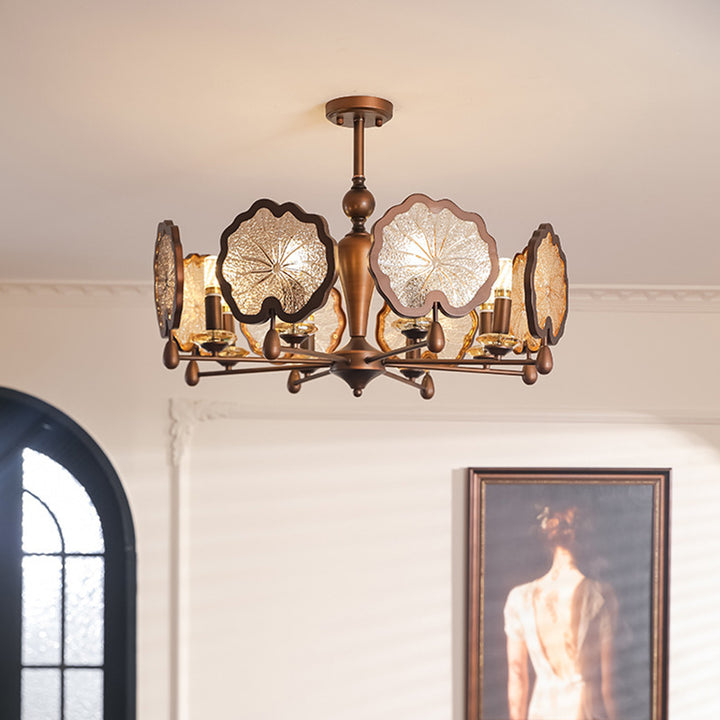 Traditioneller rustikaler Kronleuchter aus Eisen, Kristall und Glas in Lotusblatt-Form mit 6/8 Flammen fürs Wohnzimmer 