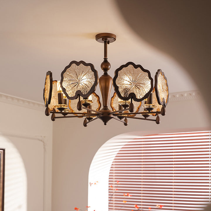 Traditional Rustic Iron Crystal Glass Lotus Leaf-Shaped 6/8-Light Chandelier For Living Room