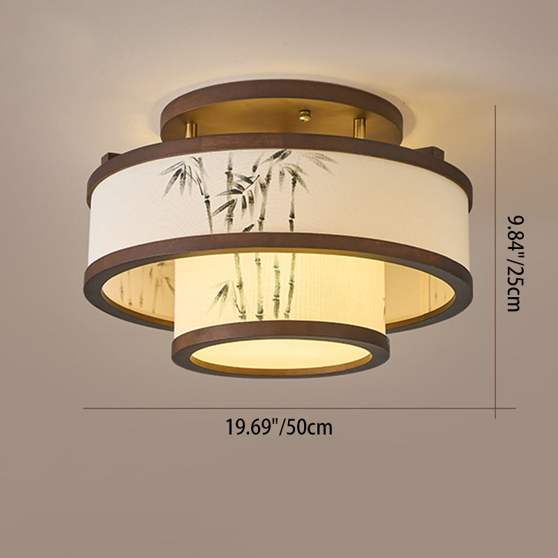 Traditionelle halbhohe Deckenleuchte im chinesischen Stil aus Kautschukholz und Stoff mit zylindrischem Design, 4/5-flammig, für Wohnzimmer und Schlafzimmer 