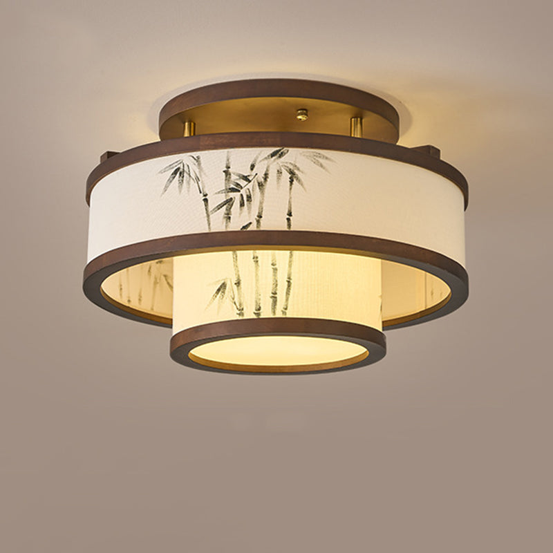 Traditionelle halbhohe Deckenleuchte im chinesischen Stil aus Kautschukholz und Stoff mit zylindrischem Design, 4/5-flammig, für Wohnzimmer und Schlafzimmer 