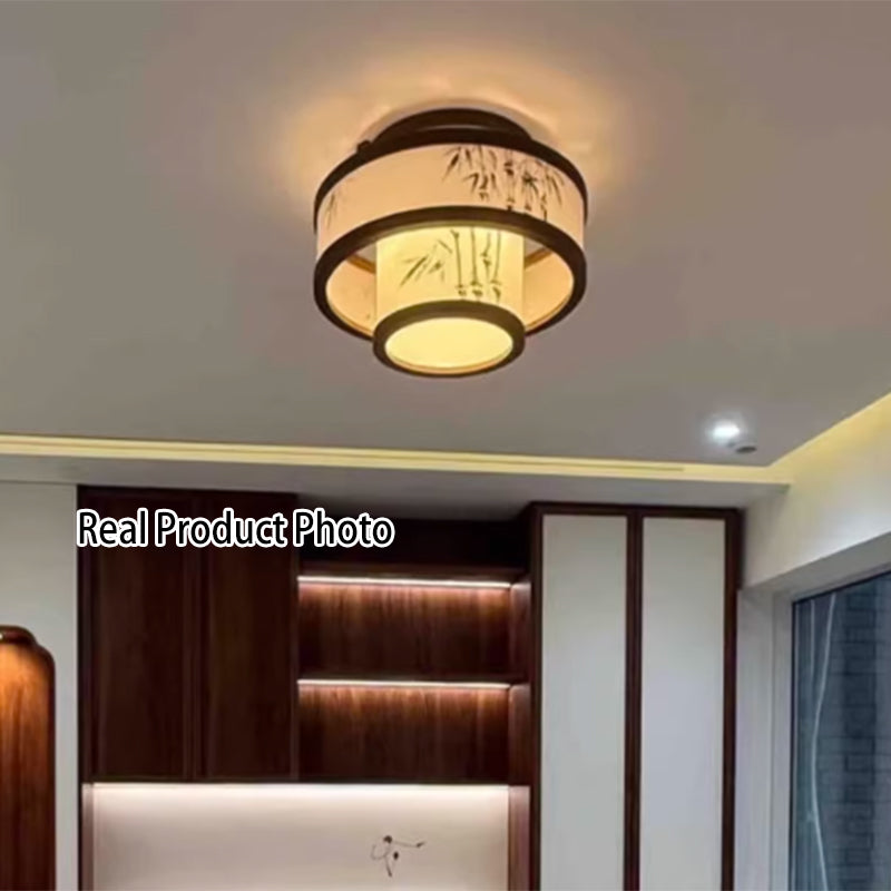 Traditionelle halbhohe Deckenleuchte im chinesischen Stil aus Kautschukholz und Stoff mit zylindrischem Design, 4/5-flammig, für Wohnzimmer und Schlafzimmer 