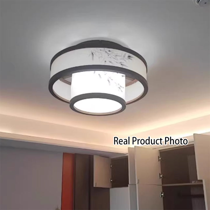 Traditionelle halbhohe Deckenleuchte im chinesischen Stil aus Kautschukholz und Stoff mit zylindrischem Design, 4/5-flammig, für Wohnzimmer und Schlafzimmer 