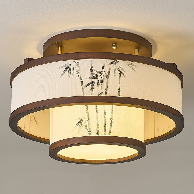 Traditionelle halbhohe Deckenleuchte im chinesischen Stil aus Kautschukholz und Stoff mit zylindrischem Design, 4/5-flammig, für Wohnzimmer und Schlafzimmer 
