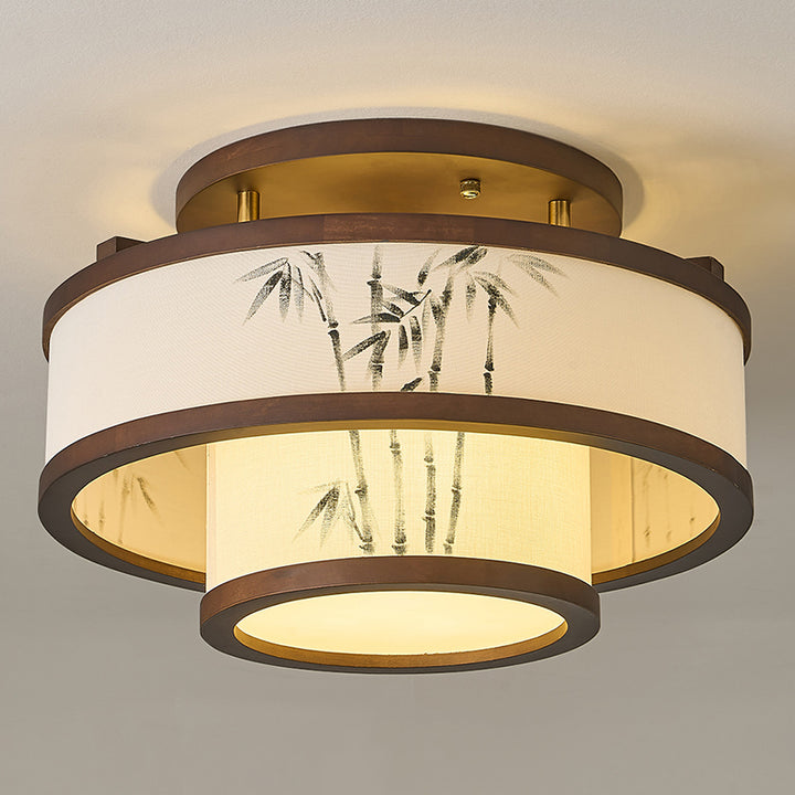 Traditionelle halbhohe Deckenleuchte im chinesischen Stil aus Kautschukholz und Stoff mit zylindrischem Design, 4/5-flammig, für Wohnzimmer und Schlafzimmer 