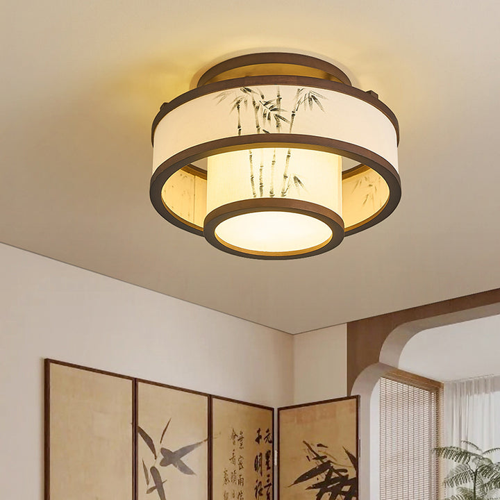 Traditionelle halbhohe Deckenleuchte im chinesischen Stil aus Kautschukholz und Stoff mit zylindrischem Design, 4/5-flammig, für Wohnzimmer und Schlafzimmer 
