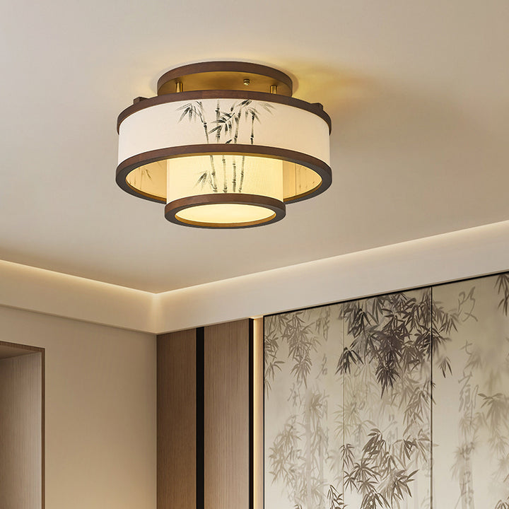 Traditionelle halbhohe Deckenleuchte im chinesischen Stil aus Kautschukholz und Stoff mit zylindrischem Design, 4/5-flammig, für Wohnzimmer und Schlafzimmer 