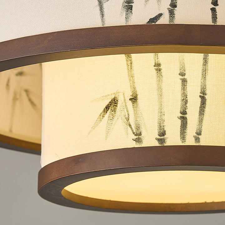 Traditionelle halbhohe Deckenleuchte im chinesischen Stil aus Kautschukholz und Stoff mit zylindrischem Design, 4/5-flammig, für Wohnzimmer und Schlafzimmer 