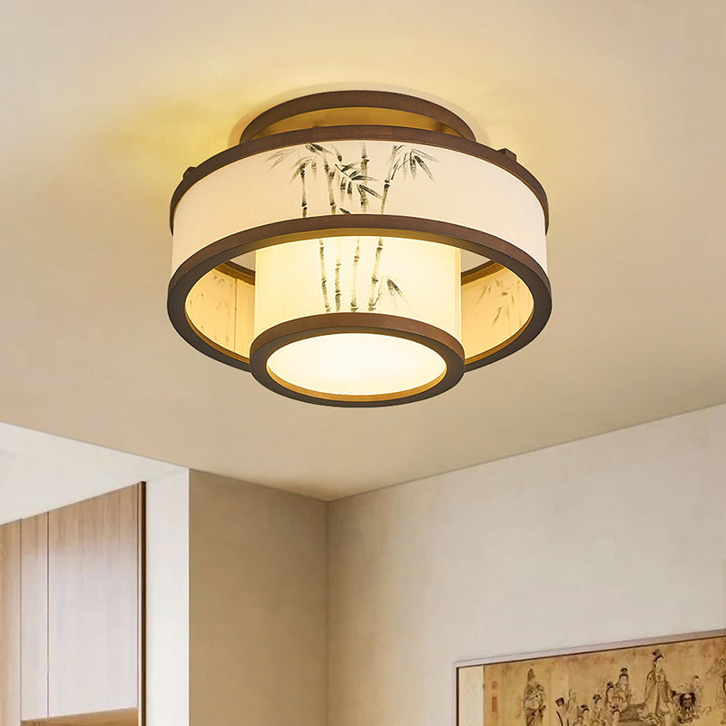 Traditionelle halbhohe Deckenleuchte im chinesischen Stil aus Kautschukholz und Stoff mit zylindrischem Design, 4/5-flammig, für Wohnzimmer und Schlafzimmer 