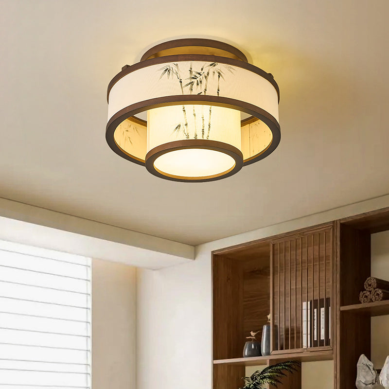 Traditionelle halbhohe Deckenleuchte im chinesischen Stil aus Kautschukholz und Stoff mit zylindrischem Design, 4/5-flammig, für Wohnzimmer und Schlafzimmer 
