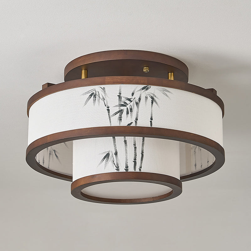 Traditionelle halbhohe Deckenleuchte im chinesischen Stil aus Kautschukholz und Stoff mit zylindrischem Design, 4/5-flammig, für Wohnzimmer und Schlafzimmer 