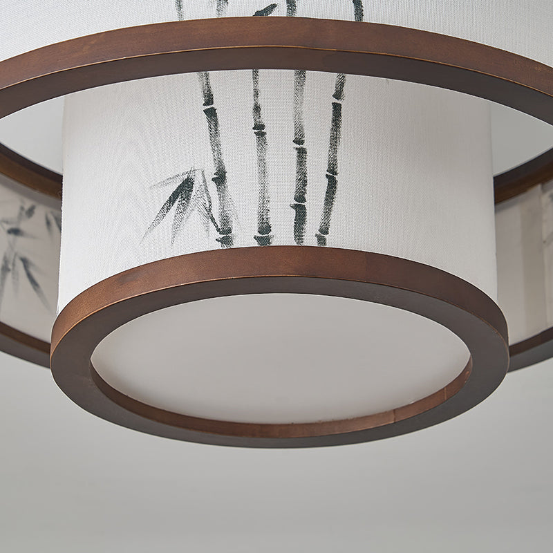 Traditionelle halbhohe Deckenleuchte im chinesischen Stil aus Kautschukholz und Stoff mit zylindrischem Design, 4/5-flammig, für Wohnzimmer und Schlafzimmer 