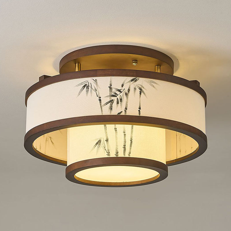 Traditionelle halbhohe Deckenleuchte im chinesischen Stil aus Kautschukholz und Stoff mit zylindrischem Design, 4/5-flammig, für Wohnzimmer und Schlafzimmer 