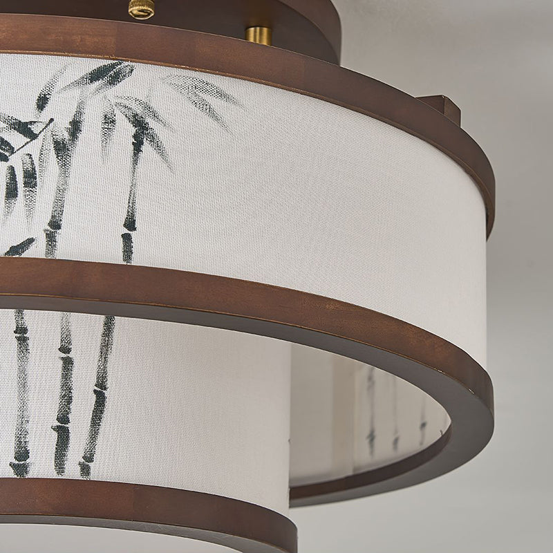 Traditionelle halbhohe Deckenleuchte im chinesischen Stil aus Kautschukholz und Stoff mit zylindrischem Design, 4/5-flammig, für Wohnzimmer und Schlafzimmer 