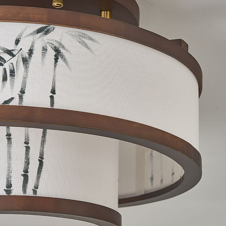 Traditionelle halbhohe Deckenleuchte im chinesischen Stil aus Kautschukholz und Stoff mit zylindrischem Design, 4/5-flammig, für Wohnzimmer und Schlafzimmer 