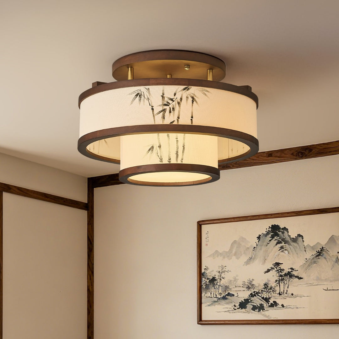 Traditionelle halbhohe Deckenleuchte im chinesischen Stil aus Kautschukholz und Stoff mit zylindrischem Design, 4/5-flammig, für Wohnzimmer und Schlafzimmer 