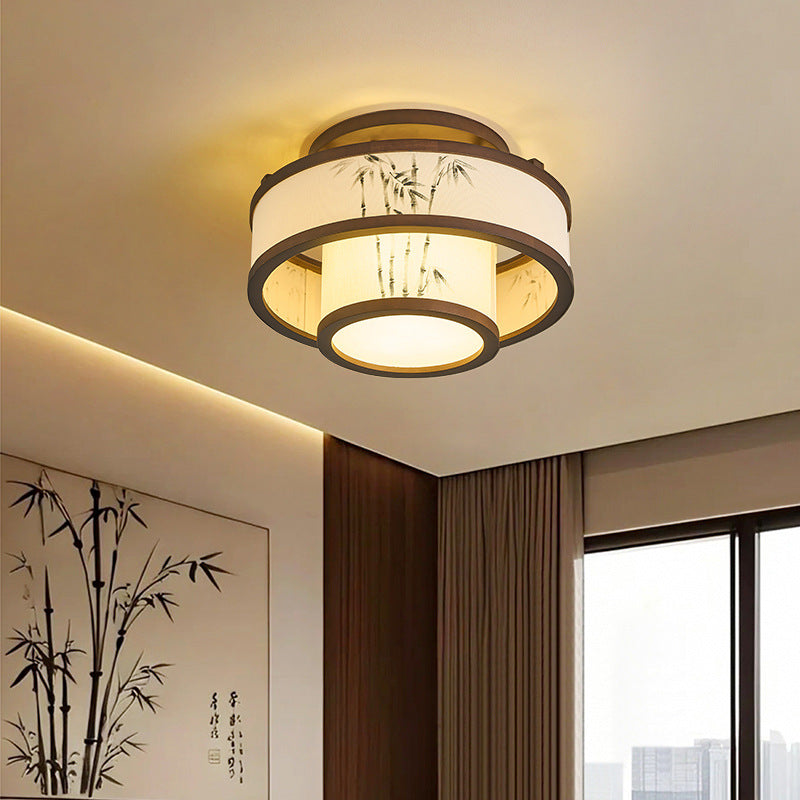 Traditionelle halbhohe Deckenleuchte im chinesischen Stil aus Kautschukholz und Stoff mit zylindrischem Design, 4/5-flammig, für Wohnzimmer und Schlafzimmer 