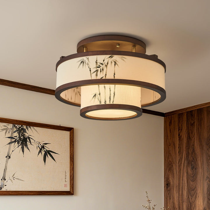 Traditionelle halbhohe Deckenleuchte im chinesischen Stil aus Kautschukholz und Stoff mit zylindrischem Design, 4/5-flammig, für Wohnzimmer und Schlafzimmer 
