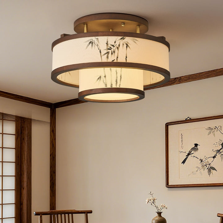 Traditionelle halbhohe Deckenleuchte im chinesischen Stil aus Kautschukholz und Stoff mit zylindrischem Design, 4/5-flammig, für Wohnzimmer und Schlafzimmer 