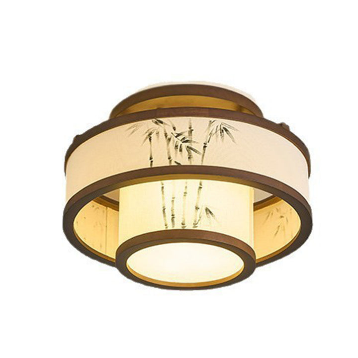 Traditionelle halbhohe Deckenleuchte im chinesischen Stil aus Kautschukholz und Stoff mit zylindrischem Design, 4/5-flammig, für Wohnzimmer und Schlafzimmer 