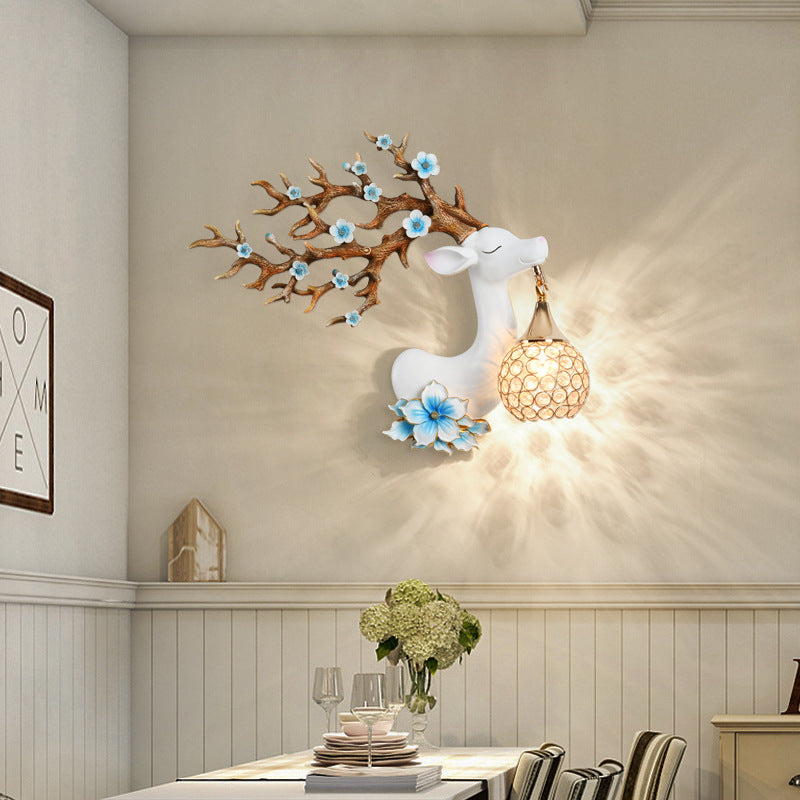 Modern Art Deco Resin Crystal Deer Head Shape 1-Light Wall Sconce Lamp For Living Room & Bedroom