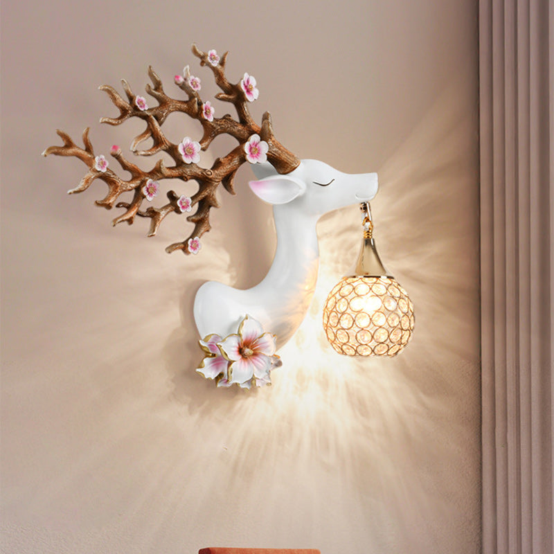 Modern Art Deco Resin Crystal Deer Head Shape 1-Light Wall Sconce Lamp For Living Room & Bedroom