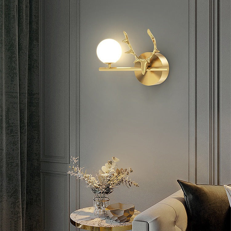 Contemporary Creative Glass &amp; Copper Deer Antler Shape 1-Light Wall Sconce Lamp For Bedroom &amp; Living Room