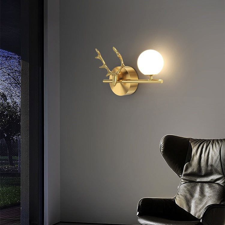 Contemporary Creative Glass & Copper Deer Antler Shape 1-Light Wall Sconce Lamp For Bedroom & Living Room
