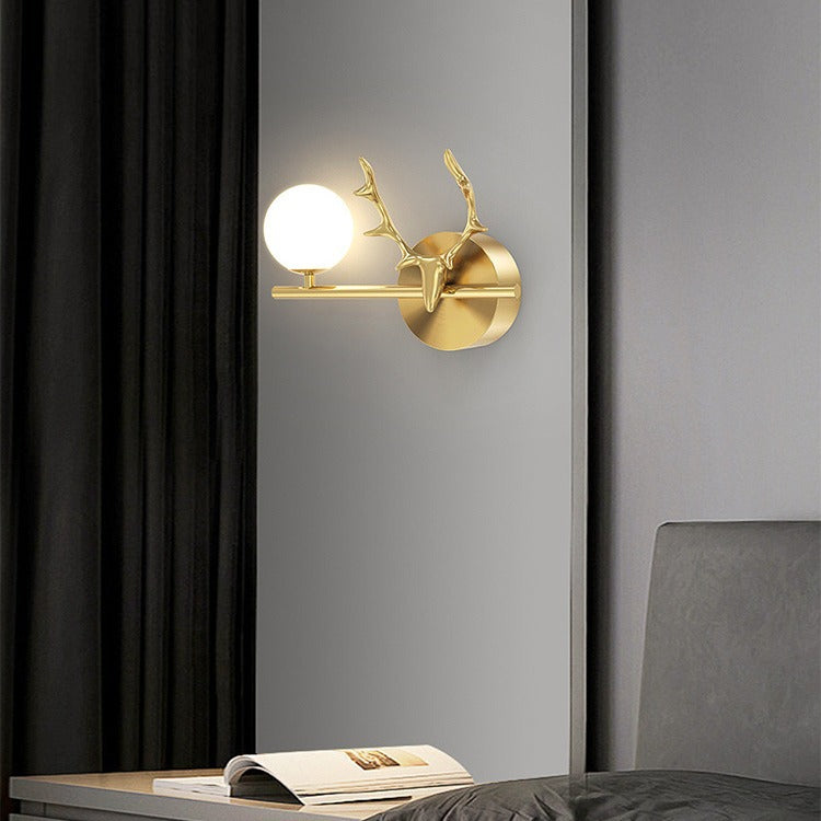 Contemporary Creative Glass &amp; Copper Deer Antler Shape 1-Light Wall Sconce Lamp For Bedroom &amp; Living Room