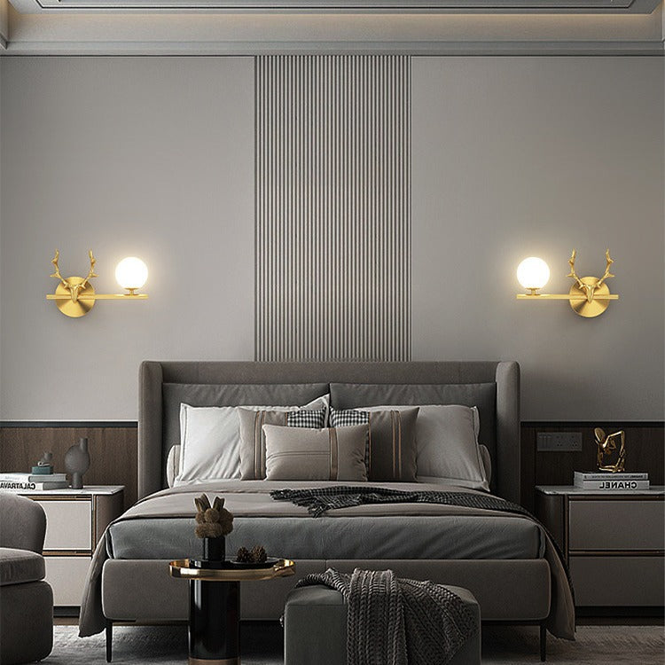 Contemporary Creative Glass &amp; Copper Deer Antler Shape 1-Light Wall Sconce Lamp For Bedroom &amp; Living Room