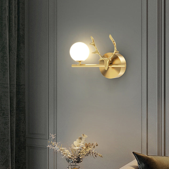 Contemporary Creative Glass &amp; Copper Deer Antler Shape 1-Light Wall Sconce Lamp For Bedroom &amp; Living Room