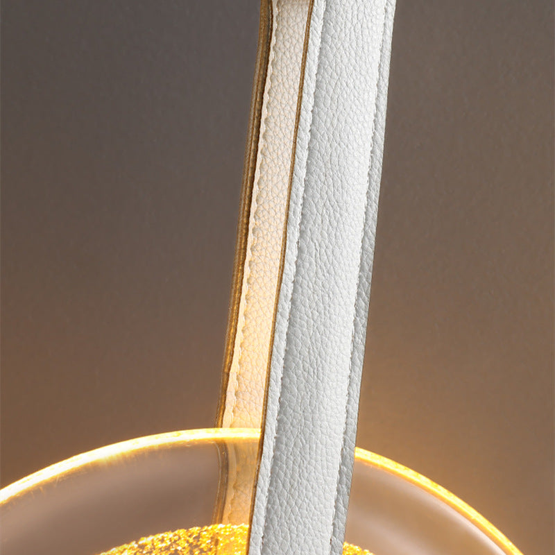 Contemporary Nordic Glass Iron Leather Round Long LED Pendant Light For Bedroom & Living Room