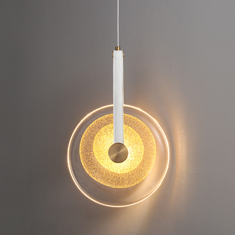 Contemporary Nordic Glass Iron Leather Round Long LED Pendant Light For Bedroom & Living Room