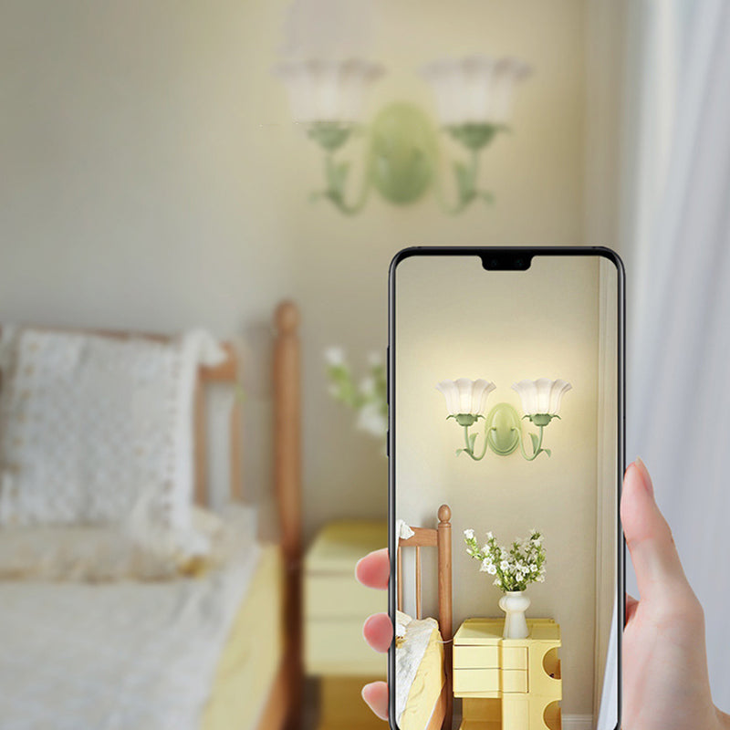 Traditional French Glass Iron Flower Leaf 1/2 Light LED Wall Sconce Lamp For Bedroom & Living Room