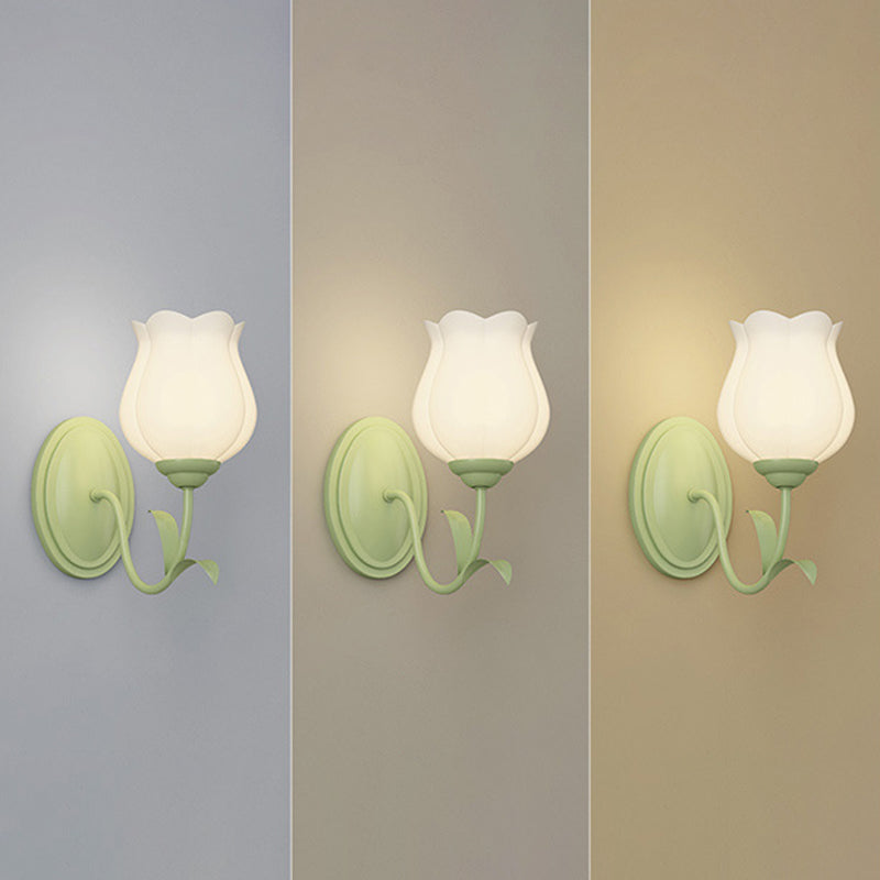 Traditional French Glass Iron Flower Leaf 1/2 Light LED Wall Sconce Lamp For Bedroom & Living Room