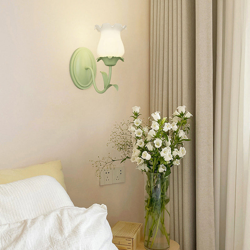 Traditional French Glass Iron Flower Leaf 1/2 Light LED Wall Sconce Lamp For Bedroom & Living Room