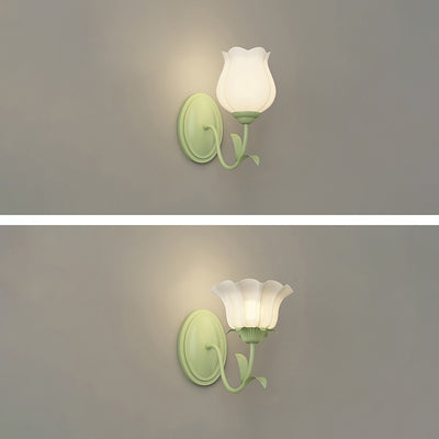 Traditional French Glass Iron Flower Leaf 1/2 Light LED Wall Sconce Lamp For Bedroom & Living Room