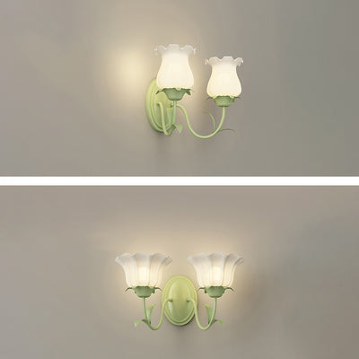 Traditional French Glass Iron Flower Leaf 1/2 Light LED Wall Sconce Lamp For Bedroom & Living Room