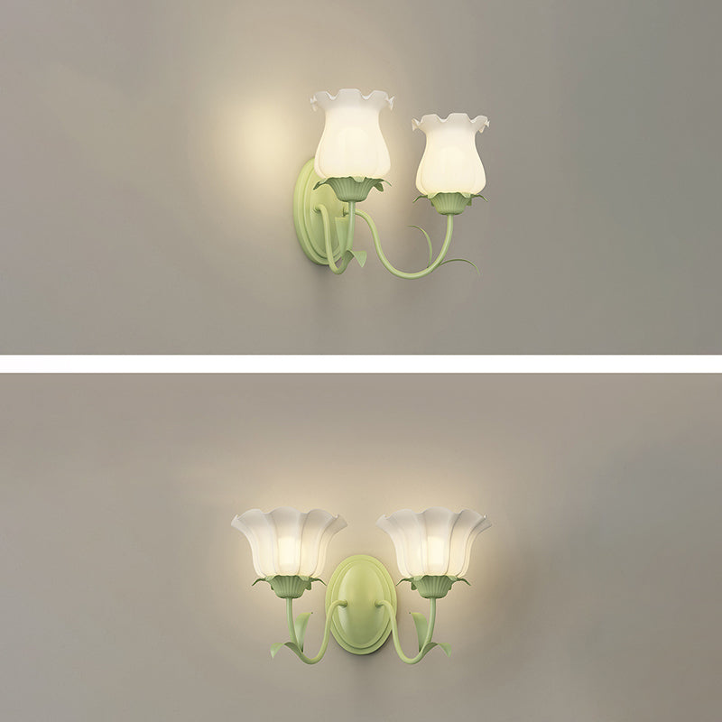 Traditional French Glass Iron Flower Leaf 1/2 Light LED Wall Sconce Lamp For Bedroom & Living Room