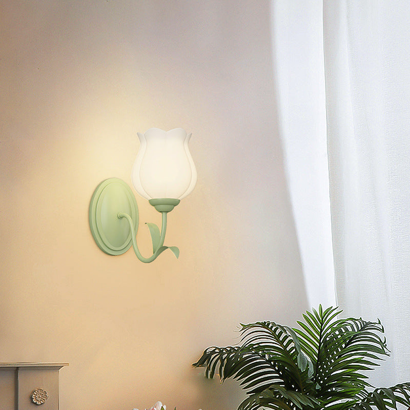 Traditional French Glass Iron Flower Leaf 1/2 Light LED Wall Sconce Lamp For Bedroom & Living Room
