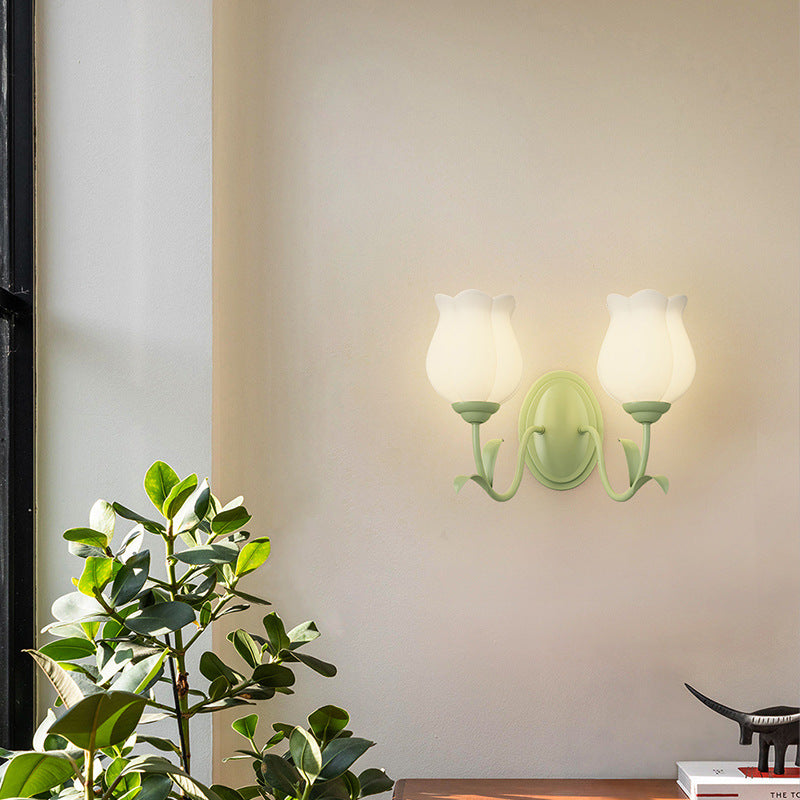 Traditional French Glass Iron Flower Leaf 1/2 Light LED Wall Sconce Lamp For Bedroom & Living Room