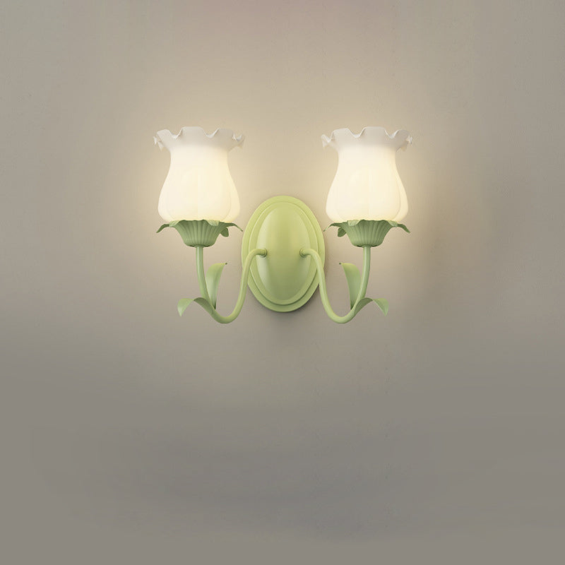 Traditional French Glass Iron Flower Leaf 1/2 Light LED Wall Sconce Lamp For Bedroom &amp; Living Room