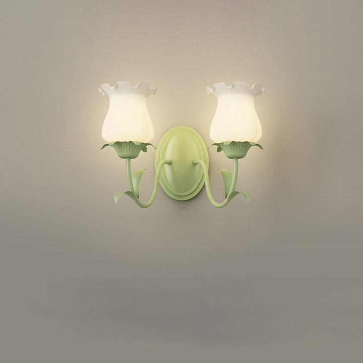 Traditional French Glass Iron Flower Leaf 1/2 Light LED Wall Sconce Lamp For Bedroom &amp; Living Room